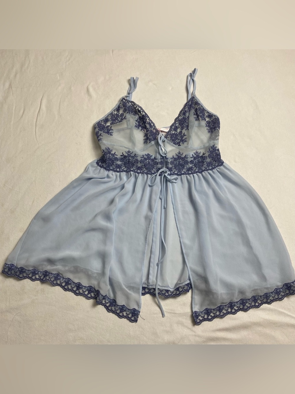 Victoria's Secret Light Blue Sheer Babydoll with Navy Lace Trim